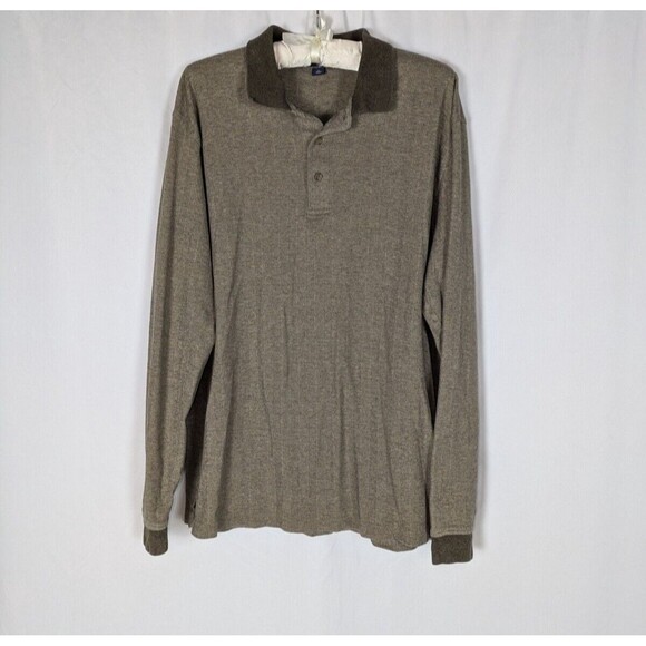 Lands End Polo XL Men's Brown Herringbone Long Sleeve Button 100% Cotton Classic - Picture 1 of 8